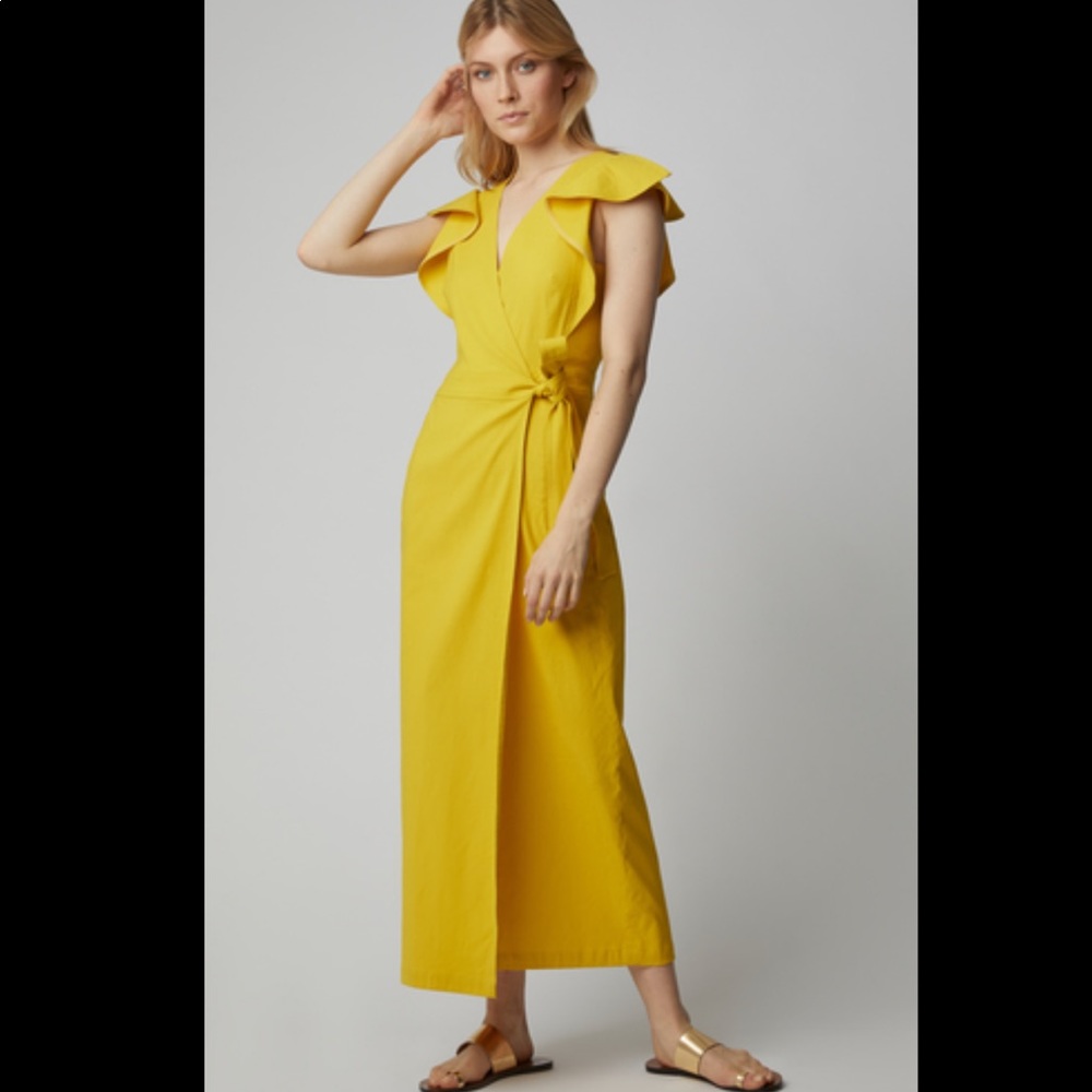 A.LC yellow wrap dress with ruffle shoulders and pockets size 2 ALC